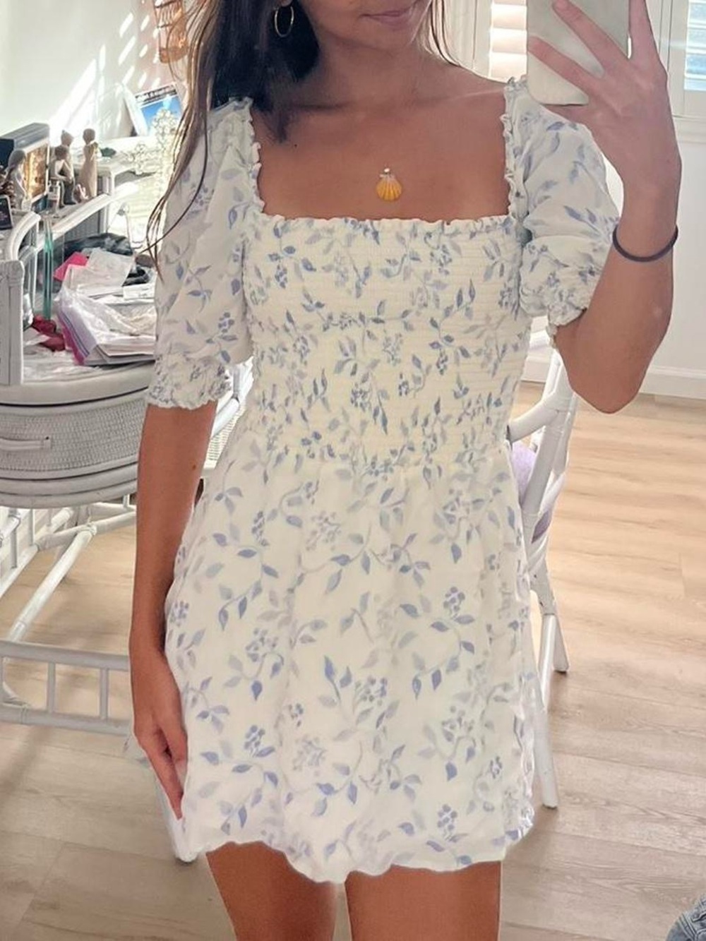 Reformation Floral Smocked Square-Neck Mini Dress in White and Light Blue